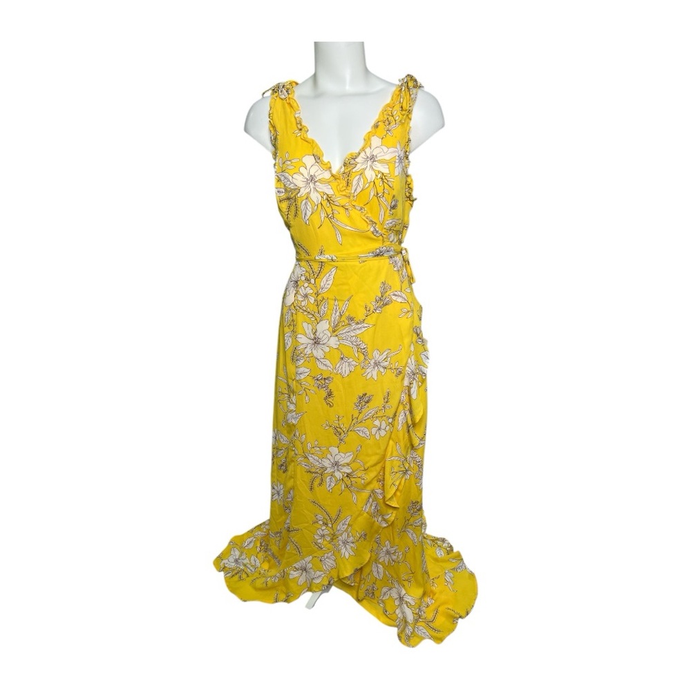 Lulus Floral Yellow Ruffle Wrap‎ Maxi Dress Sz Large NEW